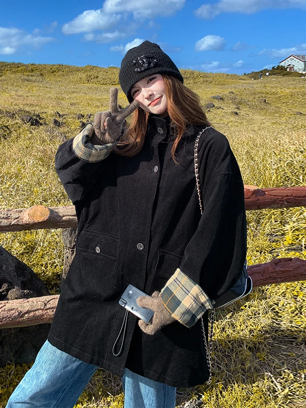 

Bla Thiened Corduroy Cotton Jaet Women's Mid-Length Winter Coat Korean Sle Slimming Cotton Padded Stand Collar Coat