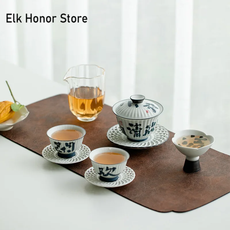 Boutique Handwritten Calligraphy Ceramic Tea Set Complete Set Handmade Teapot and Tea Cup Gaiwan Set Kung Fu Tea Set Gift Box