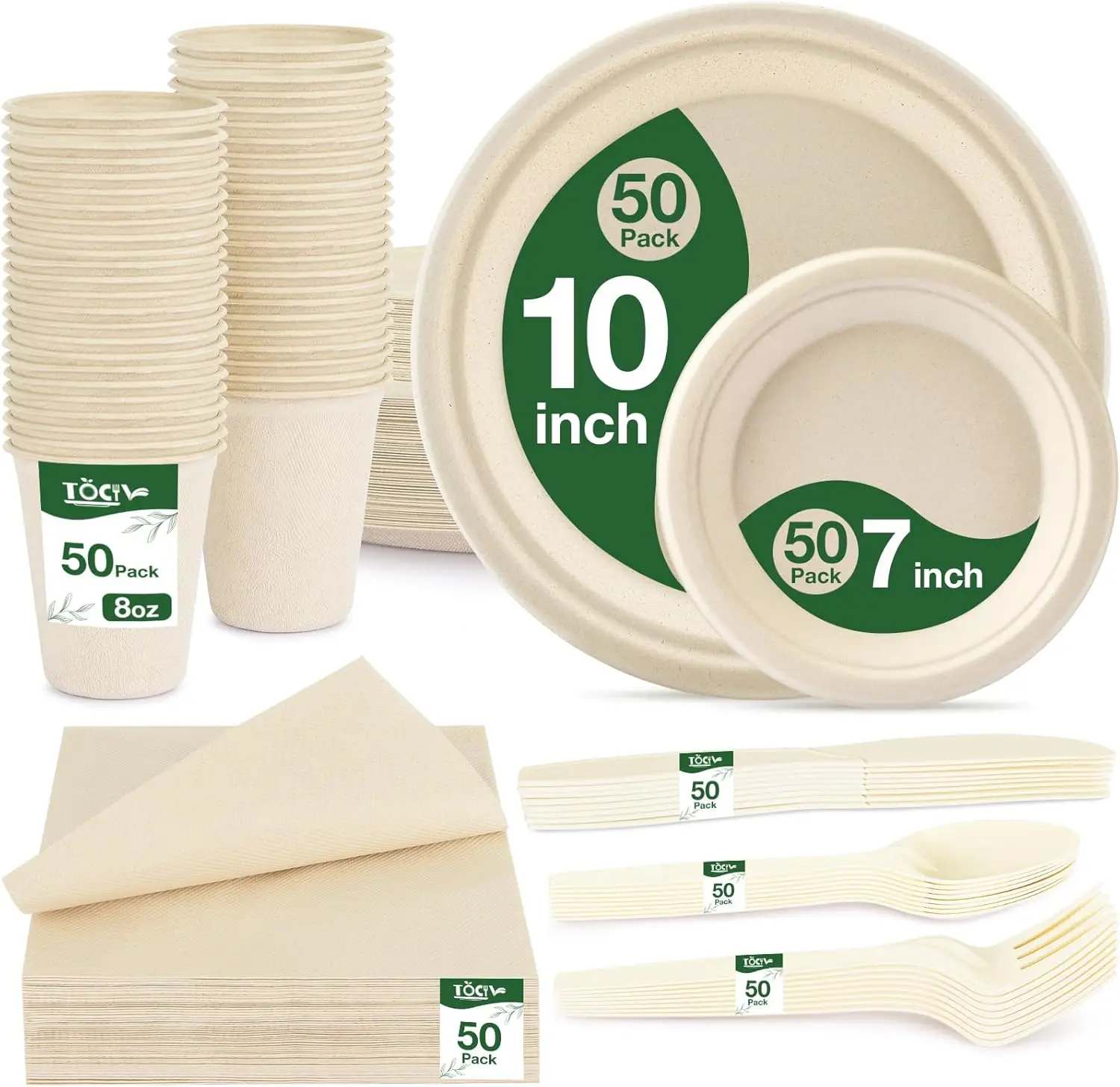 

350PCS Compostable Paper Plates and Napkins Cups 10 & 7 Inch Disposable Heavy Duty Dinner Dessert Sturdy Plates and Uten