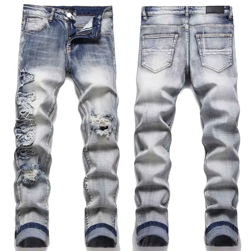 

Slim Fit Four Season Patchwork Cotton Elastic Embroidered Leather Label With Perforated Print Fashionable Men's Jeans