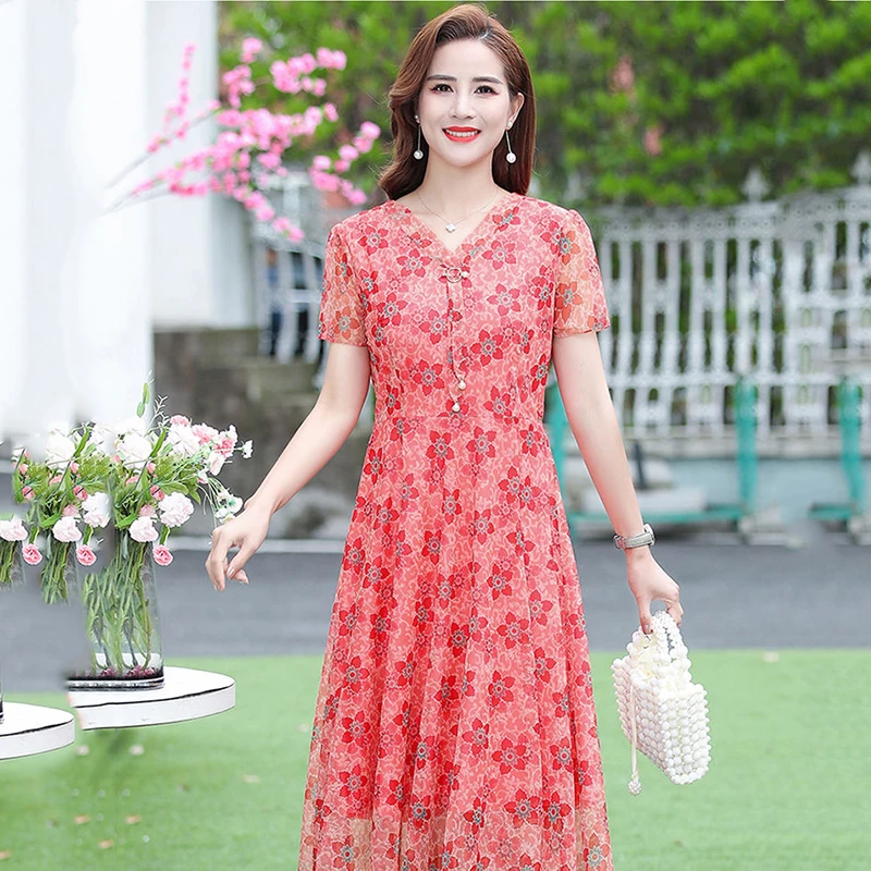 Mother Chiffon Short Sleeve Dress 2023 Summer New Broad Wife Loose Slim Middle-aged And Old Women Noble Printed Mesh Dress Tide