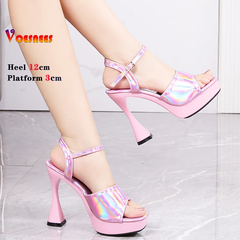 

2024 Laser 12CM Women Sandals Peep Toe Platform Shiny Colors Block Heels Pumps Summer Thick High Heel Shoes Woman Outdoor Slides