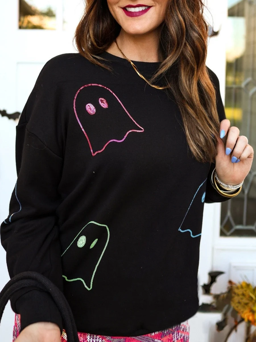 New Women'S Black Sportswear  Long Sleeved Round Neck Sequined Ghost Hoodie Pullover Casual Top Sweatshirt