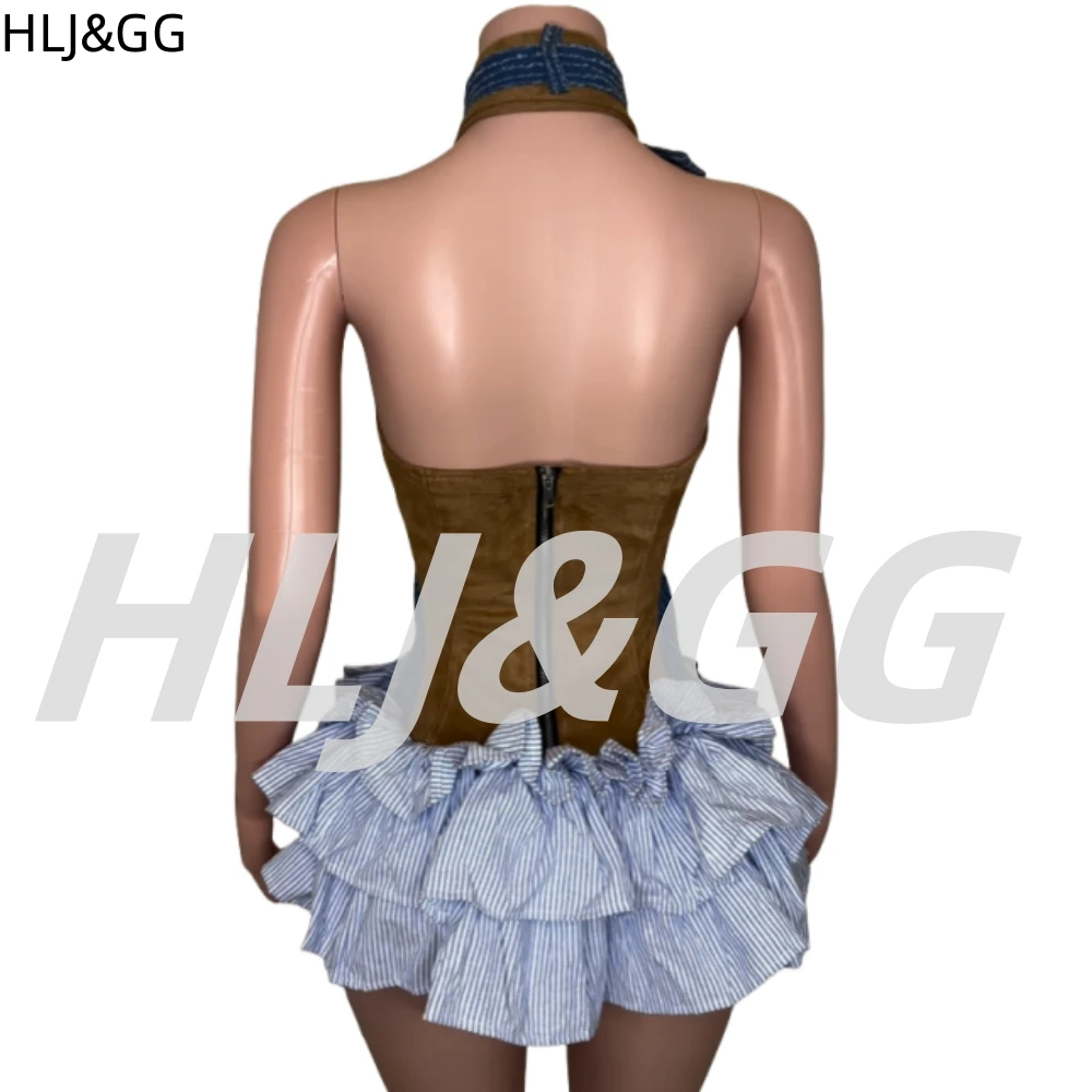 HLJ&GG Trendy Women Patchwork Plaid Mini Dress Women Halter Sleeveless Bandage Ruffle Vestidos Y2K Fashion Retro American Street