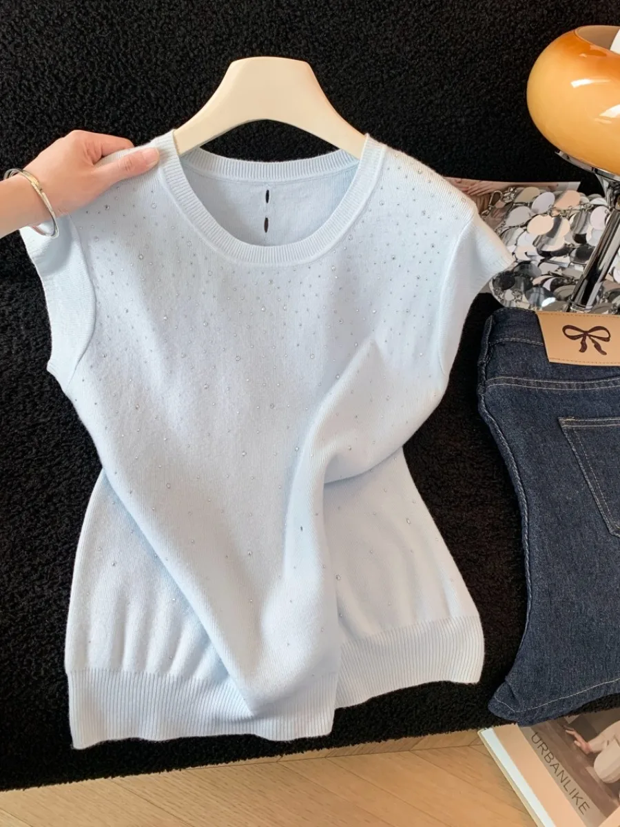 

Летний тонкий вязаный топ из ледяного шелка для женщин: модный, ажурный, блестящий, светло-голубой, с рукавами-крылышками, дышащий, повседневный, с круглым вырезом