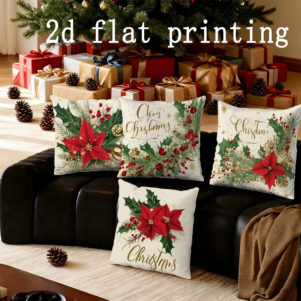 

Домашний декор, Рождественский венок и пуансеттия, подушки с узором, чехол для подушки, подходит для дивана, спальни, автомобиля, наволочки