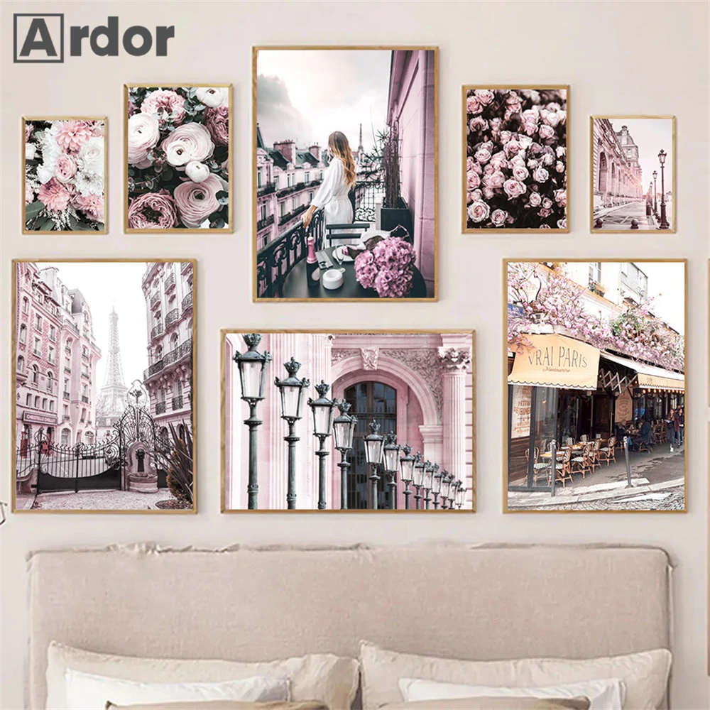 

Pink Paris Building Poster Fashion Girl Print Pictures City Landscape Canvas Painting Flower Wall Art Nordic Posters Home Decor