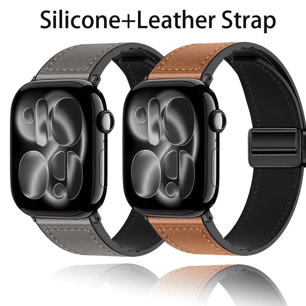 Silikon + Lederarmband für Apple Watch 11 10 42 mm 46 mm Ultra 3 2 1 49 mm Magnetarmband IWatch 9 8 7 6 5 SE3 45/41 mm 40/44 mm