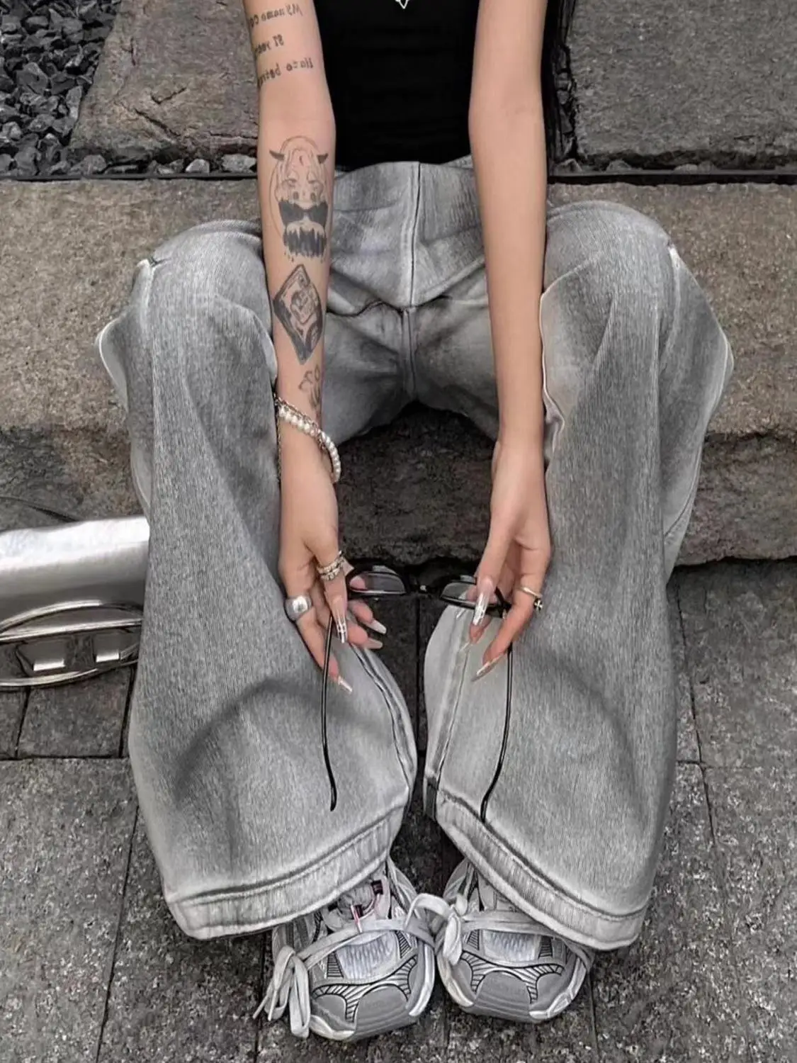 European And American Style High Street Style Baggy Denim Shorts Wide Leg Capri Pants High Dark Wash Jeans Female Retro Make Old