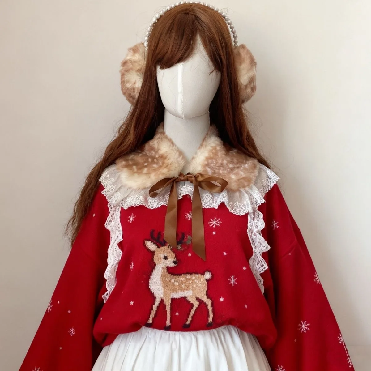 عيد الميلاد لوليتا لطيف الأيائل الدانتيل حافة وهمية طوق اليابانية Kawaii تأثيري الغزلان الوشم اكسسوارات الغزلان الرقبة مريلة هيرباند قبعة