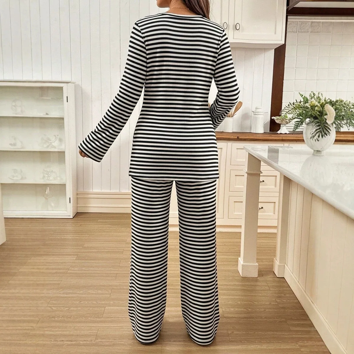 2026 New Autumn Winter 2 Pcs Maternity Outfit Set Casual Flare Sleeve Top Adjustable Waist Striped Straight Long Pants Pregnant