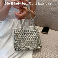 Shining Silver Color Weave Beading Handbag For Women Summer Beach Tote Handbags Banquet Party Clutches Ladies Daily Shoulder Bag