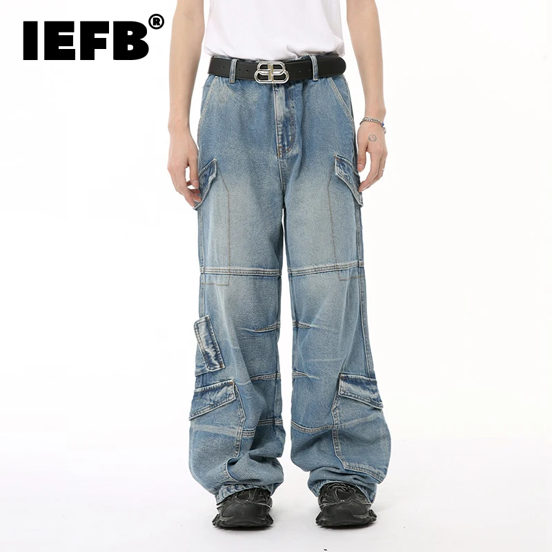 IEFB High Street Men's Denim Pants Three-dimensional Patchwork Bottom Casual Gradient Color Straight Leg Male Jeans 2024 9C6588