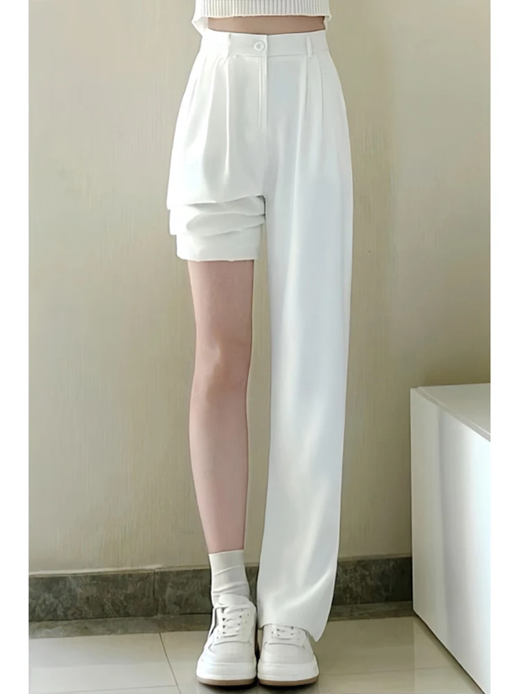 

Белые мужские летние тонкие прямые повседневные брюки из ледяного шелка с микро-расклешением, быстросохнущие, струящиеся, с высокой талией, длинные брюки-чинос