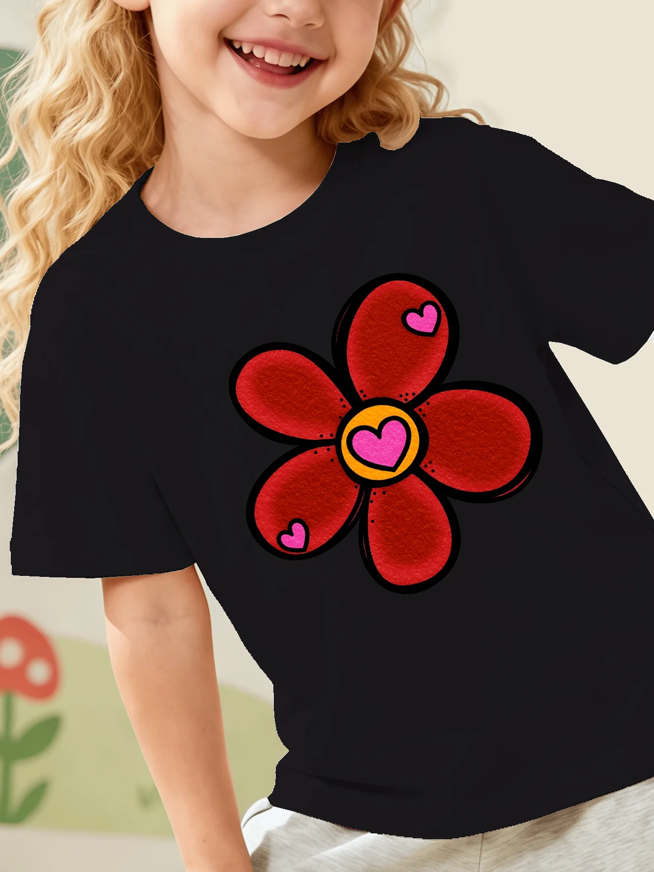 Red Flower With Pink Hearts Cute Cartoon Graphic Kids T Shirt Boys Girls Family Matching Summer Crew Neck Short Sleeve Tee