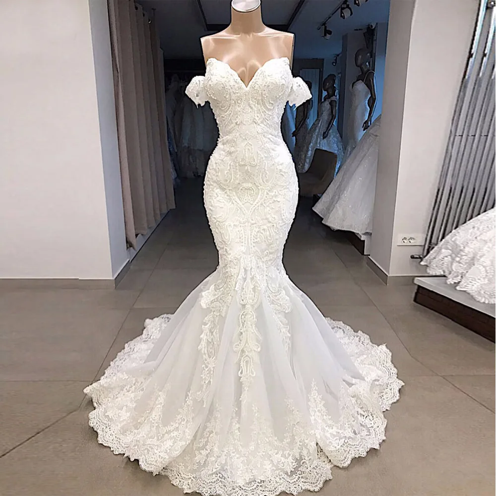 Mermaid Wedding Dresses Sweetheart Strapless Embroidered Lace Off The Shoulder Saudi Arabia Chapel Train Bridal Gowns 2024