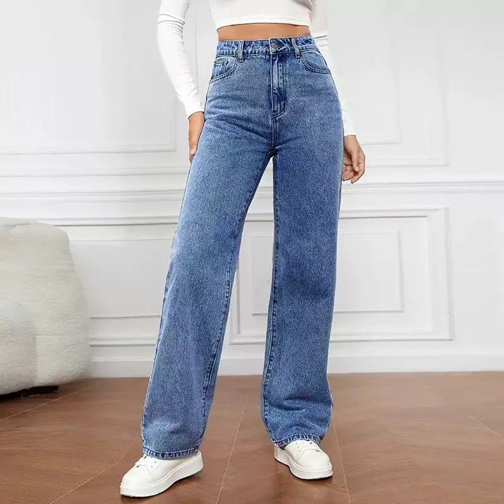 2026 Spring Autumn Women Vintage Washed Denim Jeans Fashion Casual Straight Leg Long Pants
