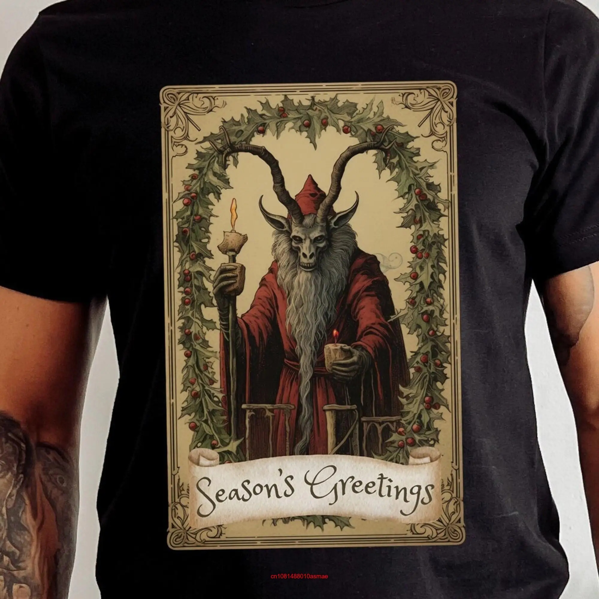 Krampus футболка, винтажная Рождественская открытка, странная работа монстра, длинные или Короткие рукава