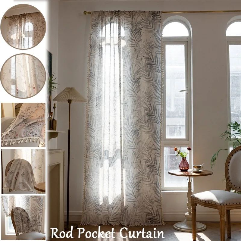 1Panel Vintage Floral Curtain Hand-stitched Fringe Semi-Blackout Curtain No Drill Kitchen Window Curtain for Living Room Bedroom