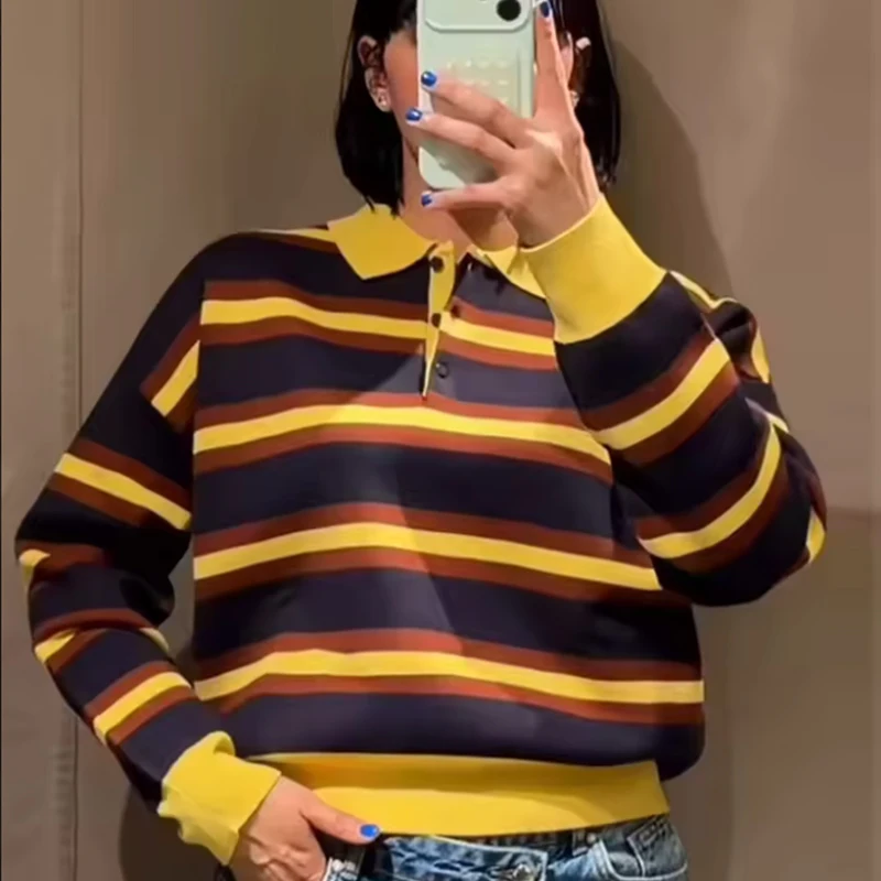 المرأة مخطط بولو طوق متماسكة سترة متعدد الألوان كبيرة الحجم 2025 عادية Perppy المرأة قمة الموضة شيك سيدة البلوز #3