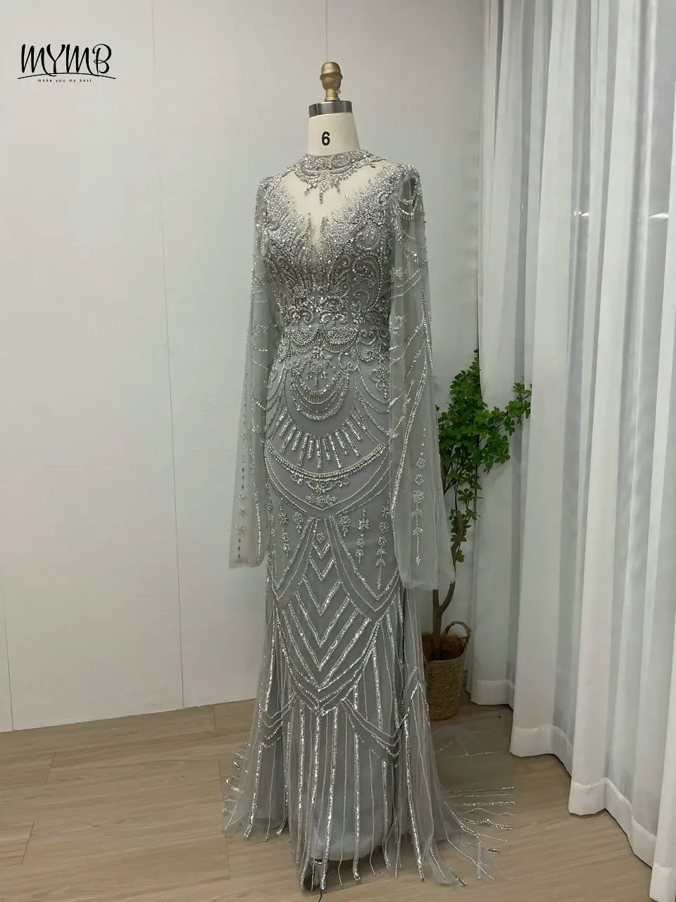 MYMB Arabic Gorgerous Cape Sleeves Lace Evening Wedding Gowns Dubai Exclusive Beaded High Neck Muslim Women Prom Party Dresses