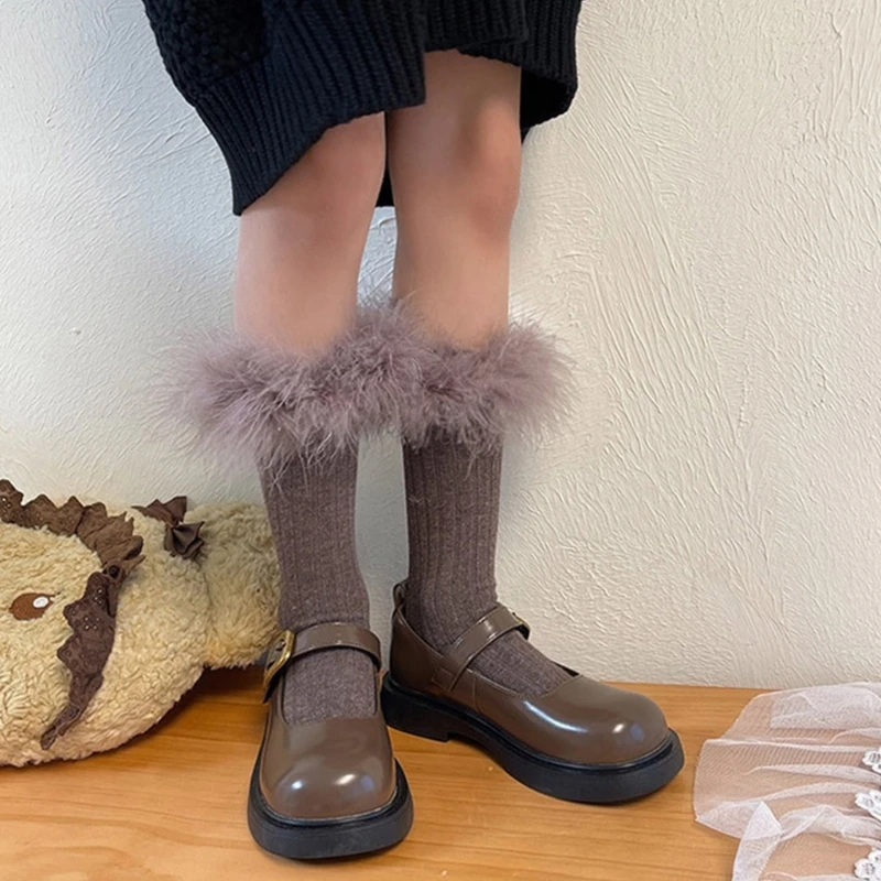 1 par calcetines con plumas para niños, calcetines hasta rodilla recortados con encaje, calcetines apilados bonitos D5QA