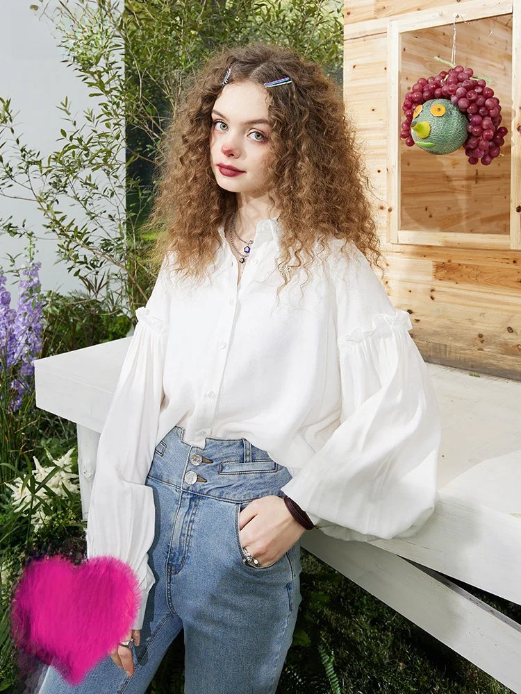 

Ele White Long Sve Women's irt Inner Wear Princ Sle Collar Design Sensation Elf's ket Spring Faion