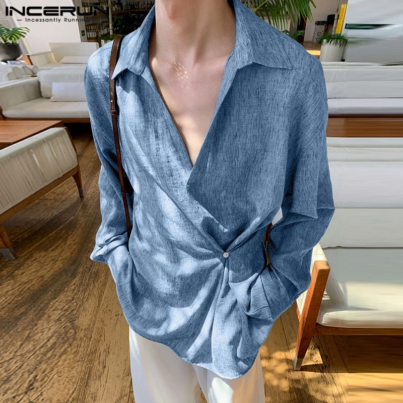 INCERUN الرجال غير النظامية قميص الصلبة التلبيب كم طويل زر الرجال الملابس فضفاضة الشارع الشهير الكورية نمط بلوزات على الموضة الذكور القمصان