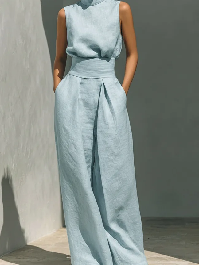

Casual Sleeveless Top Wide Leg Pants Set Simple Design Spring Summer Women's Fashion Outfit High Waist Long Cotton Trousers