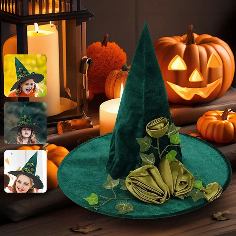 

TOPLIVING 2025 Women Rose-Lace Decor Witch Hat Halloween Green Party Cosplay Hat Magical Mystery Role-Play Witch Hat Costume Acc