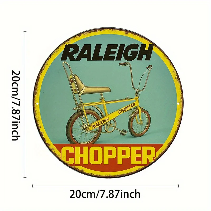 2D Flat, 1pc Raleigh Chopper Vintage Italian Aluminum Plaque - 8x8 Inch (20cm) Round Retro Bicycle Wall Decor Sign for Garage