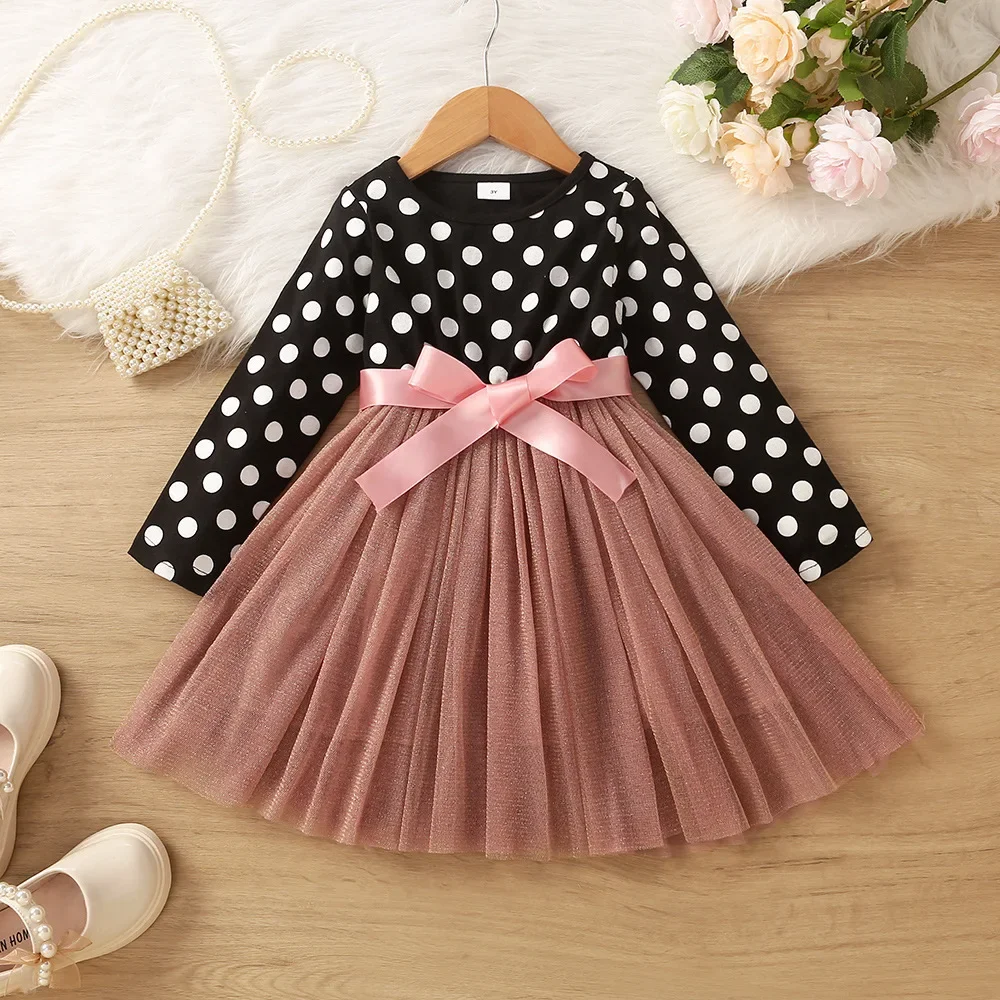 3-8 Years Kids Girls Dress Long Sleeve Polka Dots Mesh Patchwork Dress for Girls Birthday Party Evening Dress Autumn Clothes
