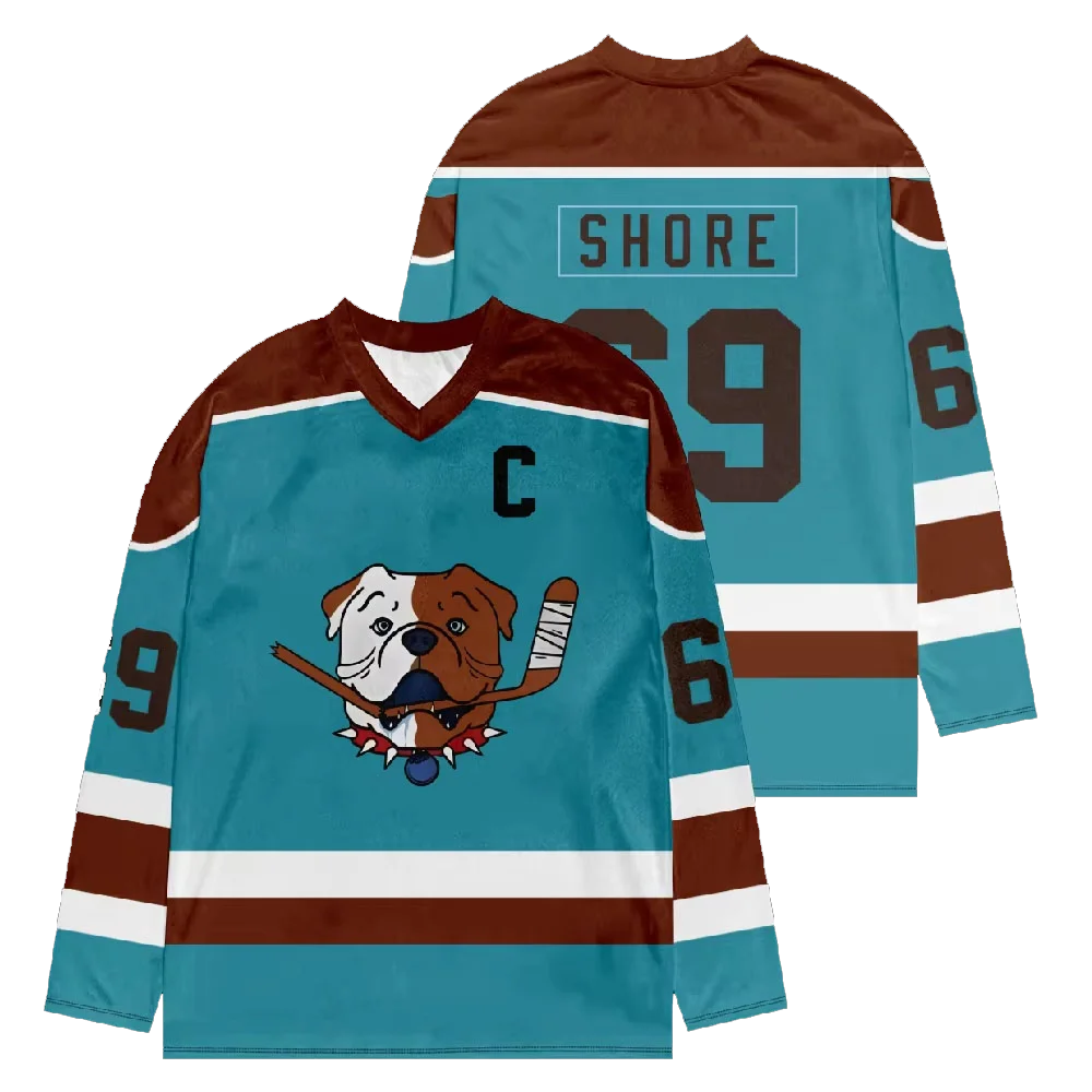 

Хоккейная футболка Shoresy 69 Sudbury Blueberry Bulldogs Teal Brown с длинным рукавом и V-образным вырезом, спортивная повседневная уличная одежда, графические топы