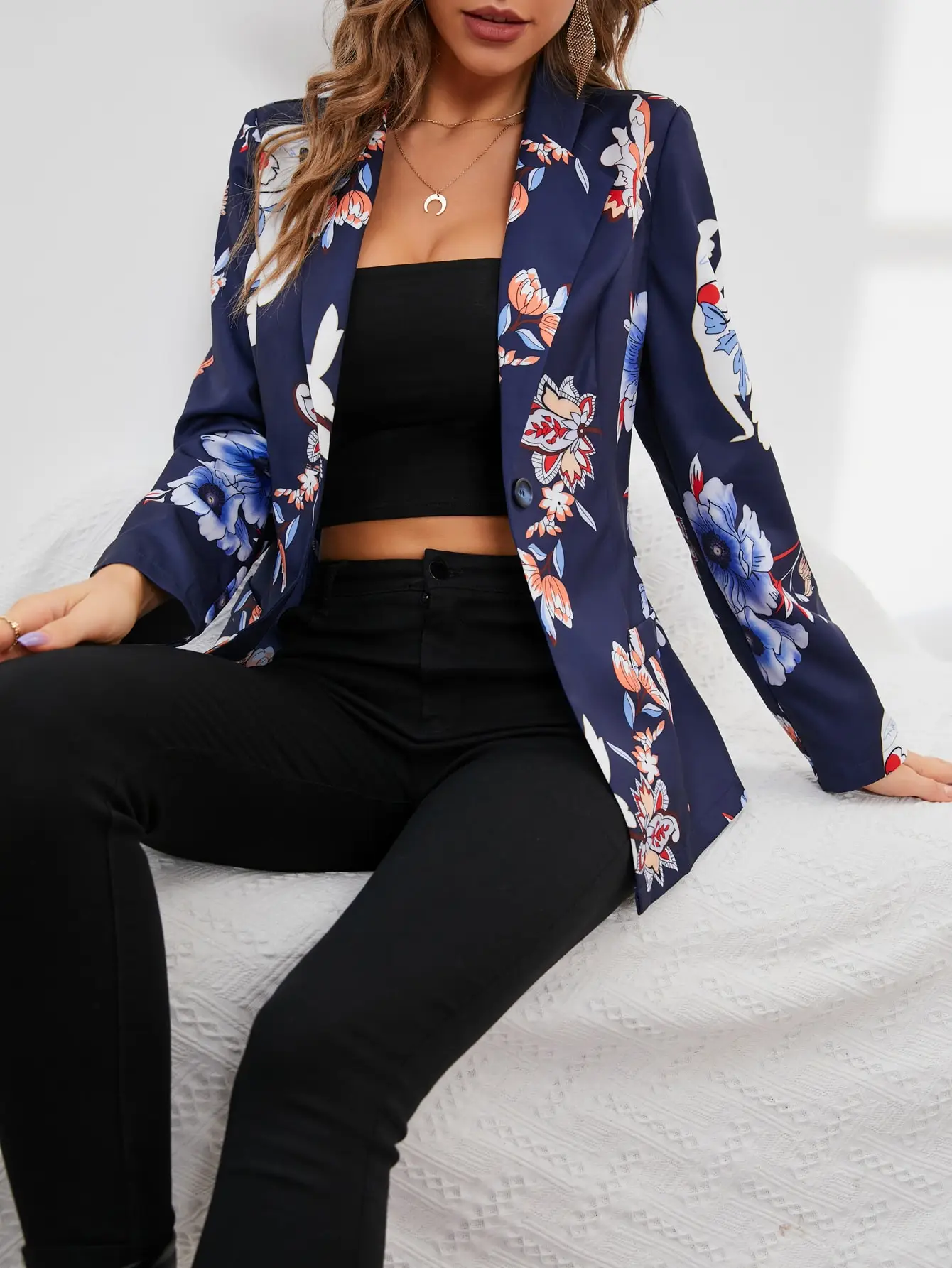 Fashion Casual  Vintage Autumn and Winter Polyester Flower Print Long Sleeved Buttons Suit Jacket