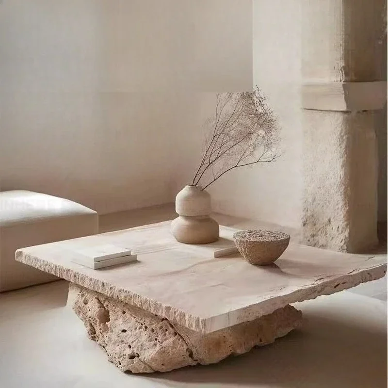 Modern Nordic design living room beige travertine block base square coffee table luxury marble coffee table