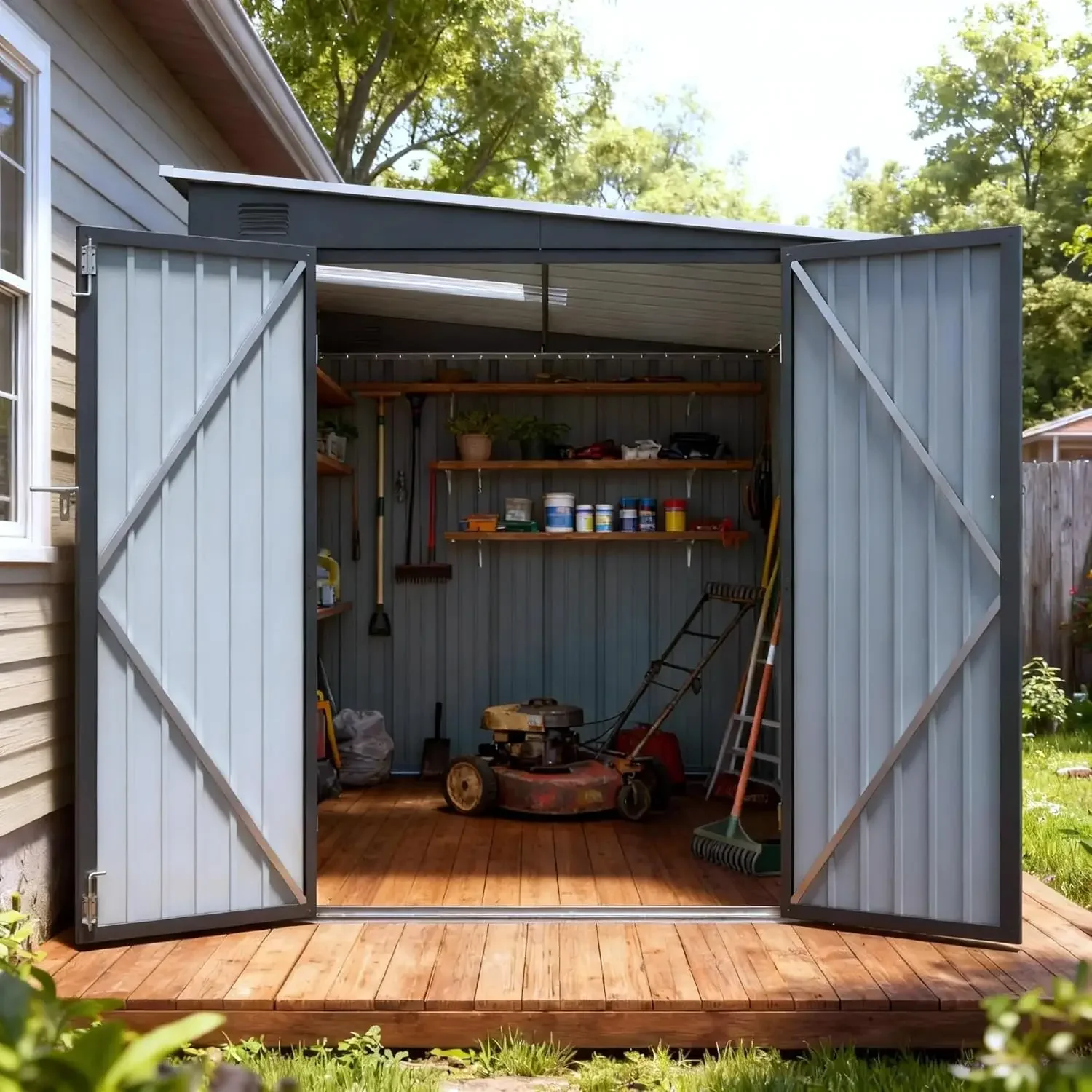 new 6x8 FT Lean-to Metal Outdoor Storage Shed, Lockable Double Doors & Free PC Light Board for Tool Storage, Customized