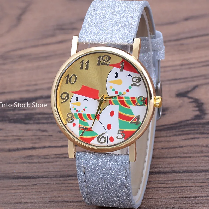 Christmas Snowman Women\'s Watches Casual Quartz Wristwatches Bright Color Leather Strap Quartz Watches Ladies Watch Reloj Mujer