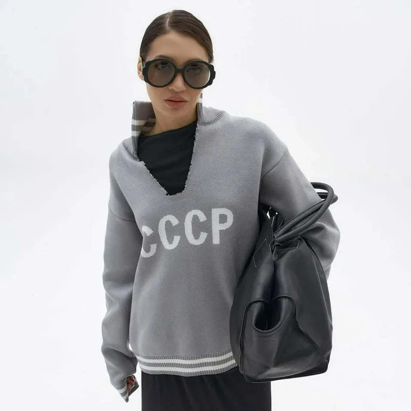 

Свитер вязаный с вышивкой и U-образным вырезом в стиле Lazy Style, осенне-зимний, женский, Y2K, для улицы, повседневный, для кампуса, для походов, повседневный пуловер