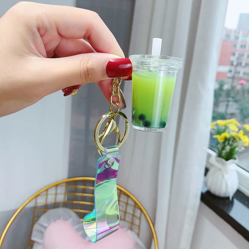 Simulation Pearl Milk Tea Acrylic Key Chain Candy Color Beverage Bottle Keyring Pendant for Couple Kids Backpack Charm Keyfob