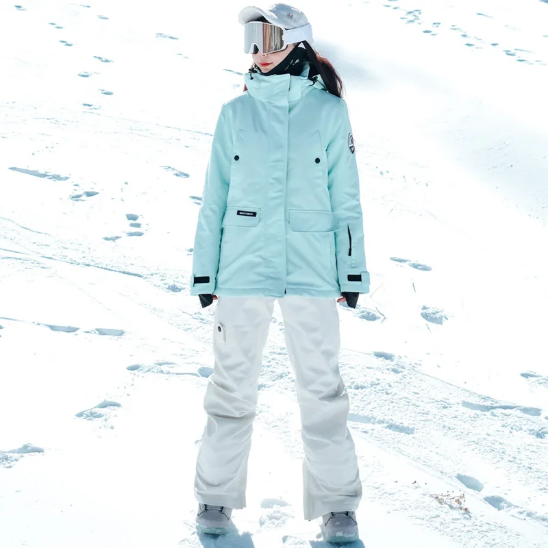 

New Winter Solid Color Skiing Clothes Women Outdoor Double Board Windproof Waterproof Warm Thick Hooded Loose Sports Ski Clothes