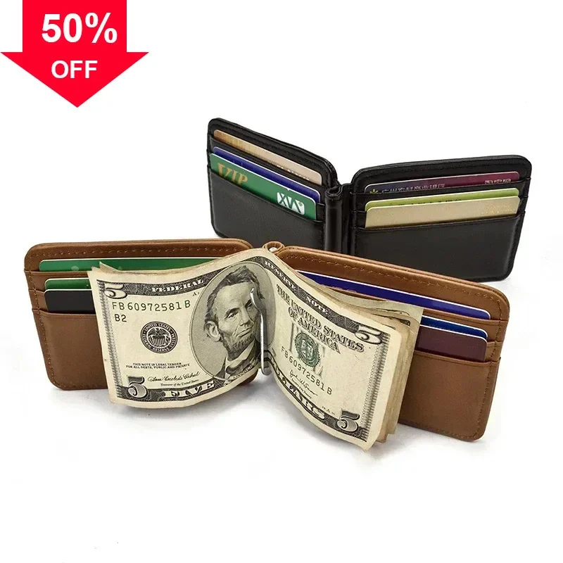 Small Men's Leather Money Clip Wallet With Coin Pocket Card Slot Cash Holder Male Bag Magnet Hasp Purse For Man Women