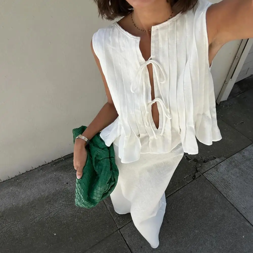 Women Commuter Style Suit Elegant Lace-up Top Maxi Skirt Set for Women Round Neck Outfit with High Waist Solid for Vacation