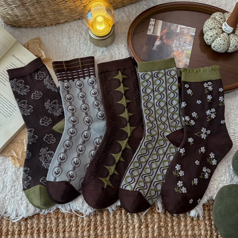 2026 New Women's Socks Autumn and Winter Retro Ethnic Style Medium Tube Socks Flower Embossment Coffee Color Cotton Long Socks