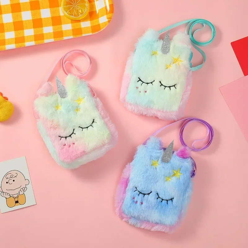 Cute Kids Messenger Bag Mini Autumn Winter Plush Princess Unicorn Bag Square Snack Mobile Stationery Bags for Kid Girl Outdoor