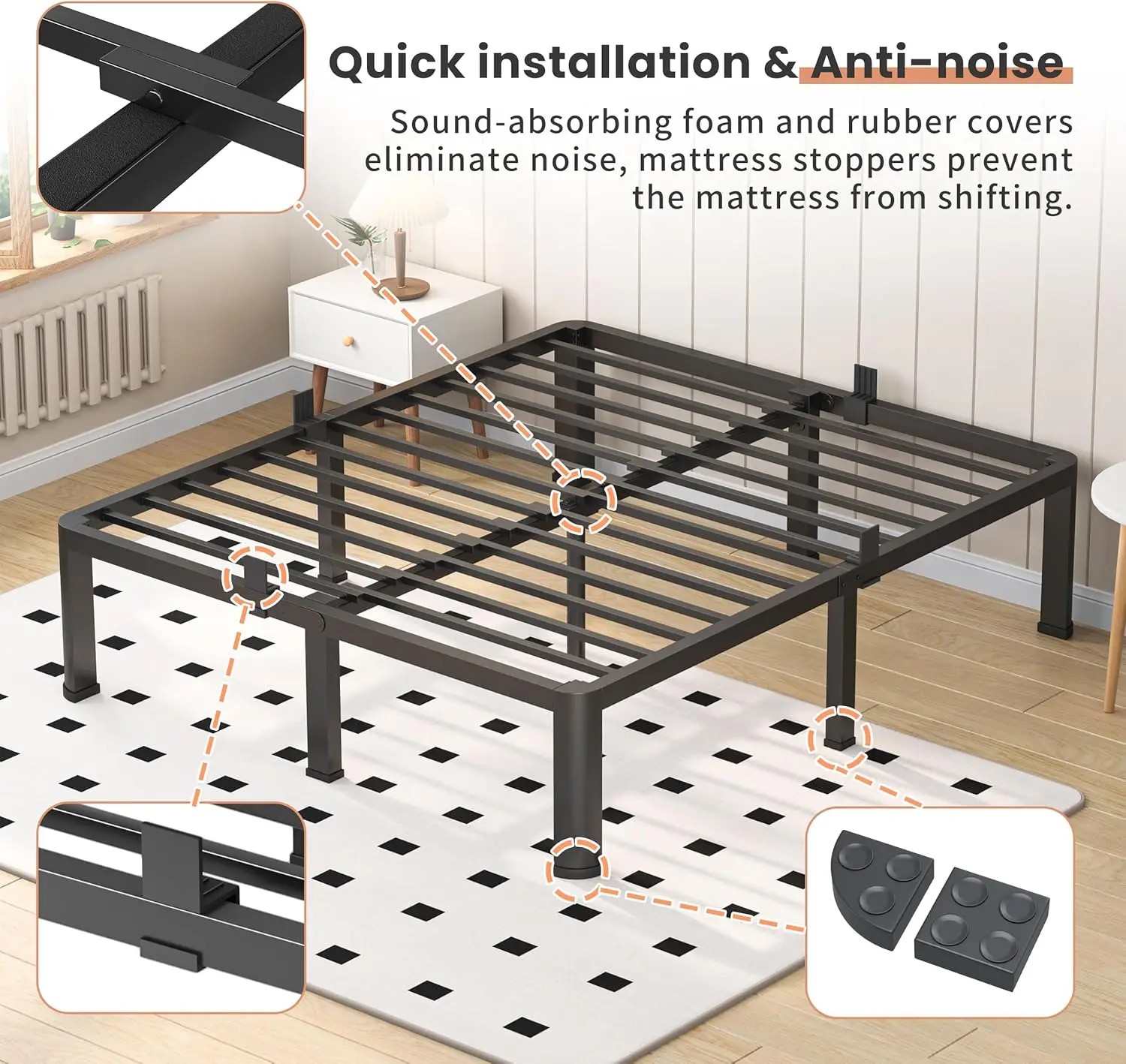 Estrutura de cama resistente de 16 polegadas com pernas de canto redondo, design anti-queima, montagem rápida, sem necessidade de molas