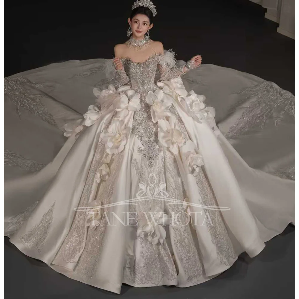 

Sweetheart Off-Shoulder Beaded Sequined 3D Flower Feather Wedding Dress Customized Gown For Brides 2025