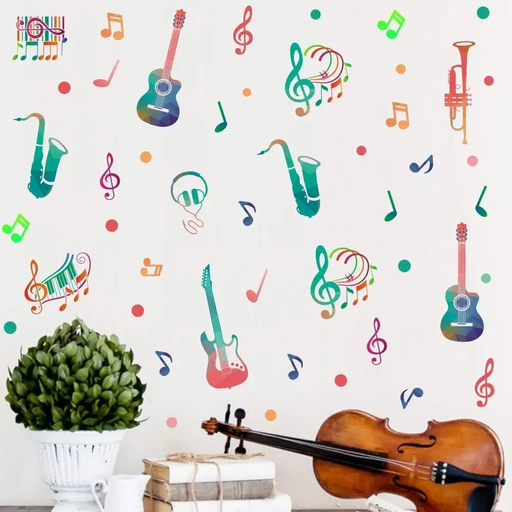 Colorful Music Note Wall Stickers Attractive Musical Note with Saxophone Guitar Wall Decals Classroom Music Studio Decoration