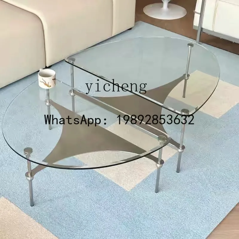 coffee table combination tempered glass living room simple modern oval stainless steel coffee table