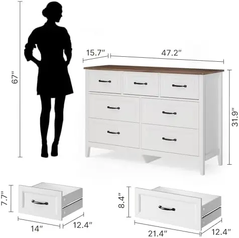 Farmhouse 7 Drawers Dresser, White Chest of Drawers | 47