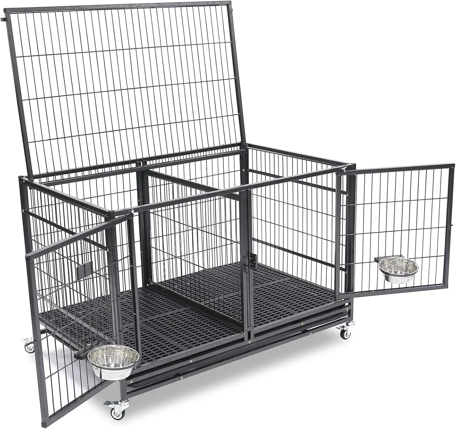 

43 Inch Metal Open Top Stackable Heavy Duty Dog Cage Kennel with Three Door, Floor Grid, Tray, Wheels, Divider